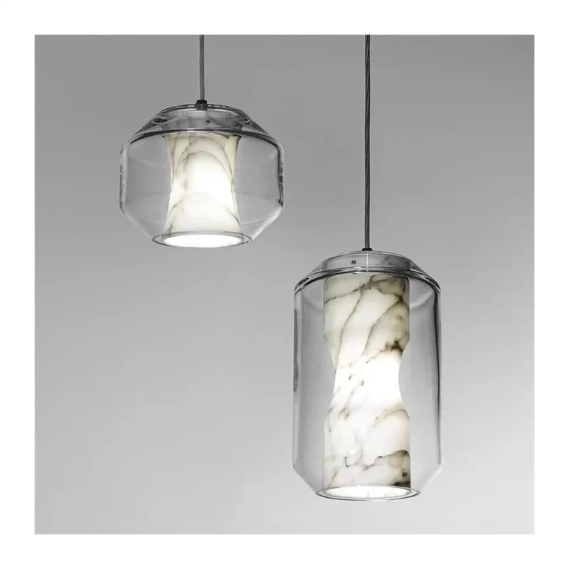 Modern Clear Glass Pendant Light Featuring Chic Marble Inner Layer With Fully Adjustable Suspension Cords Crafted For Kitchen Islands To Cast A Sick Warm Glow And Add A Knockout Decor Vibe
