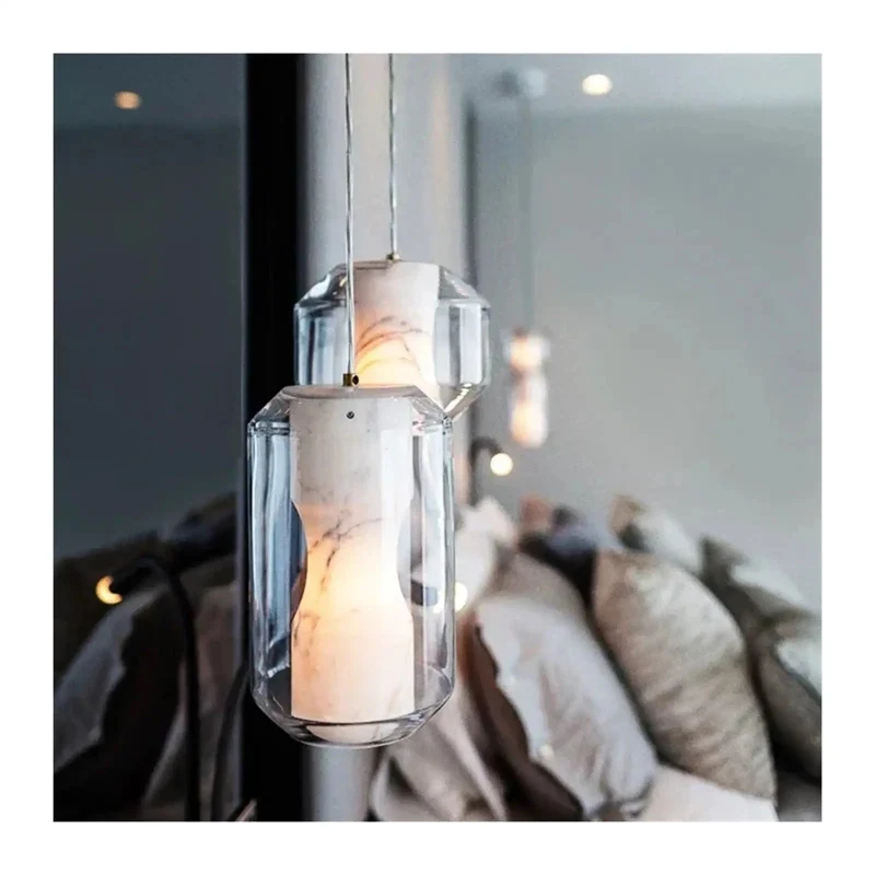 Modern Clear Glass Pendant Light Featuring Chic Marble Inner Layer With Fully Adjustable Suspension Cords Crafted For Kitchen Islands To Cast A Sick Warm Glow And Add A Knockout Decor Vibe