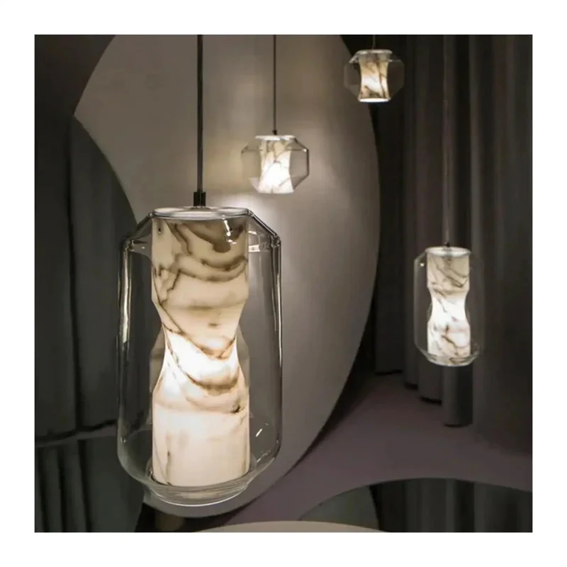 Modern Clear Glass Pendant Light Featuring Chic Marble Inner Layer With Fully Adjustable Suspension Cords Crafted For Kitchen Islands To Cast A Sick Warm Glow And Add A Knockout Decor Vibe