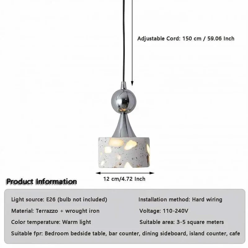 Small Terrazzo Pendant Light Featuring Four Point Seven Inch Polished Chrome Hanging Design to Elevate Your Living Space With Cool Vibes and Sophisticated Aesthetic for Cozy Reading Corners and Warm Downlight Ambiance in Modern Home Decor Settings.