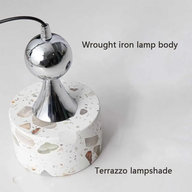 Small Terrazzo Pendant Light Featuring Four Point Seven Inch Polished Chrome Hanging Design to Elevate Your Living Space With Cool Vibes and Sophisticated Aesthetic for Cozy Reading Corners and Warm Downlight Ambiance in Modern Home Decor Settings.