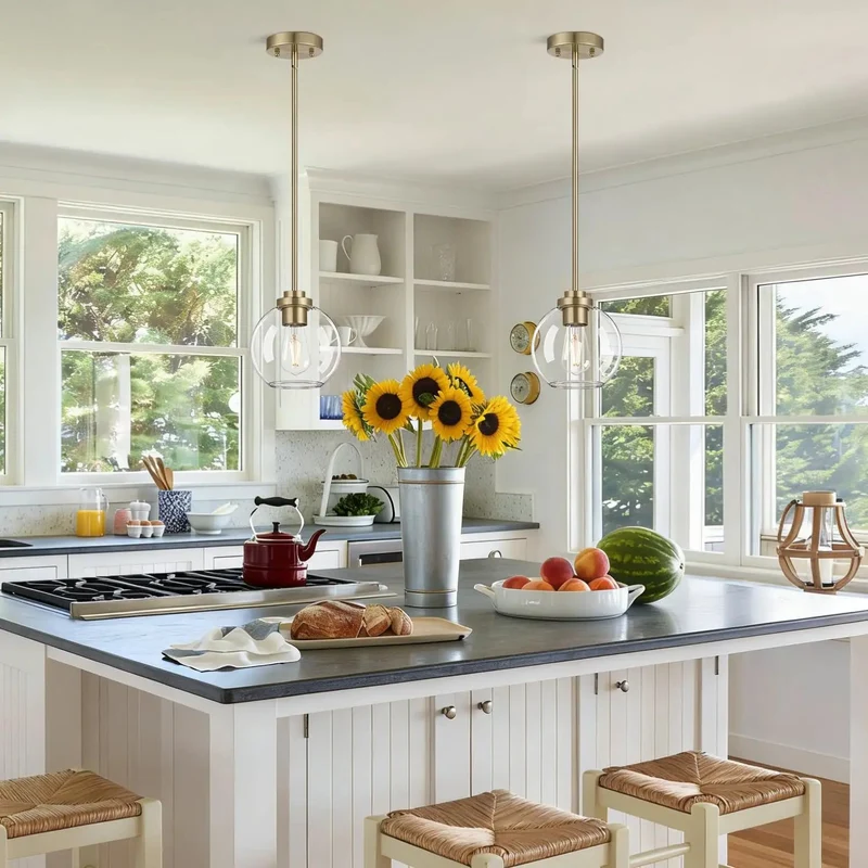 Slick Two Pack Mid Century Brass Globe Pendant Lights With Clear Glass Shade And Adjustable Height For Kitchen Island Or Dining Room Top Shelf Smooth Warm Glow Hanging Fixtures Bulbs Not Included