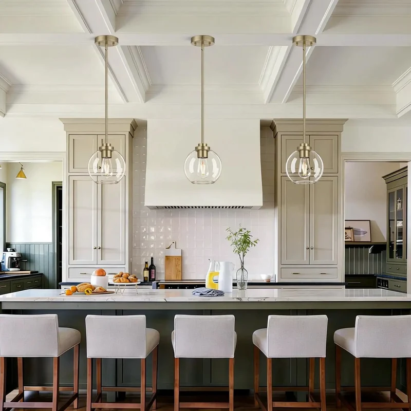 Slick Two Pack Mid Century Brass Globe Pendant Lights With Clear Glass Shade And Adjustable Height For Kitchen Island Or Dining Room Top Shelf Smooth Warm Glow Hanging Fixtures Bulbs Not Included