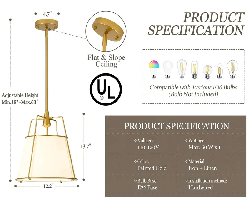 Gold Drum Pendant Light Over Kitchen Island With Linen Shade And Hidden Bulb Diffuser Sleek Fixture Upgrades Your Dining Area Setup With Serious Farmhouse Vibes 12.2 Inch Size For Cozy Kitchen Ambiance