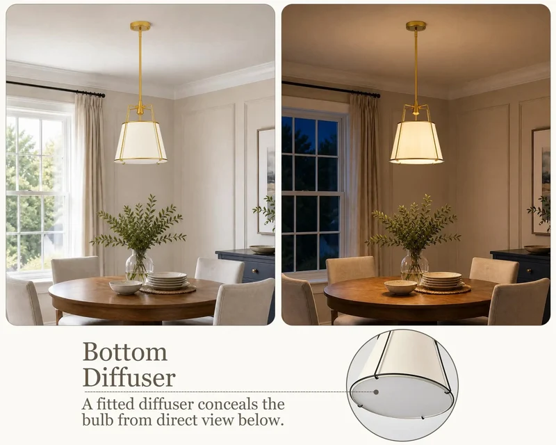 Gold Drum Pendant Light Over Kitchen Island With Linen Shade And Hidden Bulb Diffuser Sleek Fixture Upgrades Your Dining Area Setup With Serious Farmhouse Vibes 12.2 Inch Size For Cozy Kitchen Ambiance
