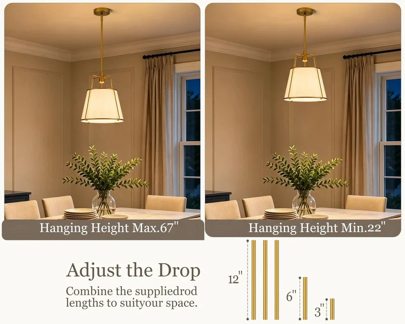 Gold Drum Pendant Light Over Kitchen Island With Linen Shade And Hidden Bulb Diffuser Sleek Fixture Upgrades Your Dining Area Setup With Serious Farmhouse Vibes 12.2 Inch Size For Cozy Kitchen Ambiance