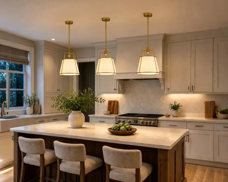 Gold Drum Pendant Light Over Kitchen Island With Linen Shade And Hidden Bulb Diffuser Sleek Fixture Upgrades Your Dining Area Setup With Serious Farmhouse Vibes 12.2 Inch Size For Cozy Kitchen Ambiance