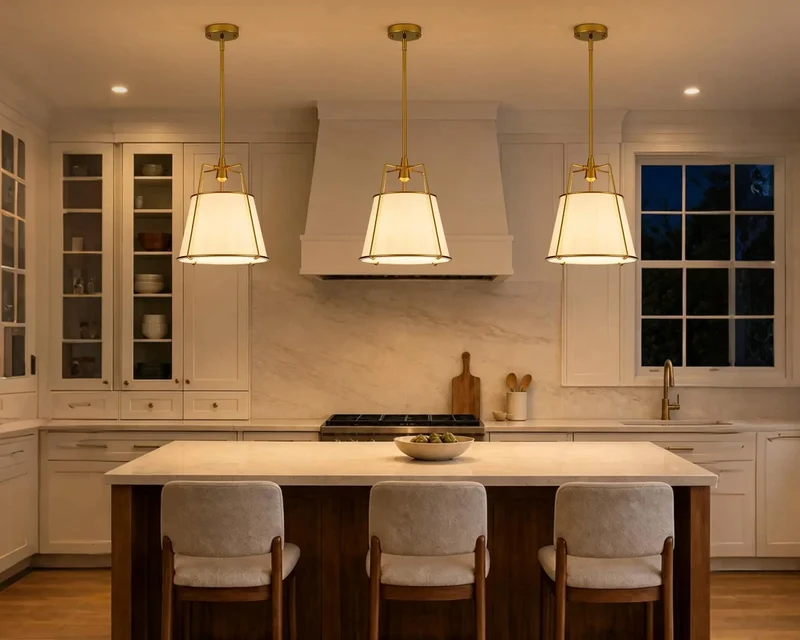 Gold Drum Pendant Light Over Kitchen Island With Linen Shade And Hidden Bulb Diffuser Sleek Fixture Upgrades Your Dining Area Setup With Serious Farmhouse Vibes 12.2 Inch Size For Cozy Kitchen Ambiance