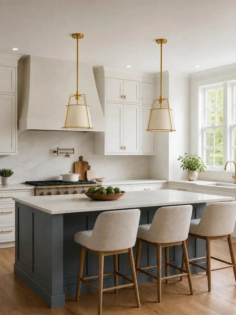Gold Drum Pendant Light Over Kitchen Island With Linen Shade And Hidden Bulb Diffuser Sleek Fixture Upgrades Your Dining Area Setup With Serious Farmhouse Vibes 12.2 Inch Size For Cozy Kitchen Ambiance
