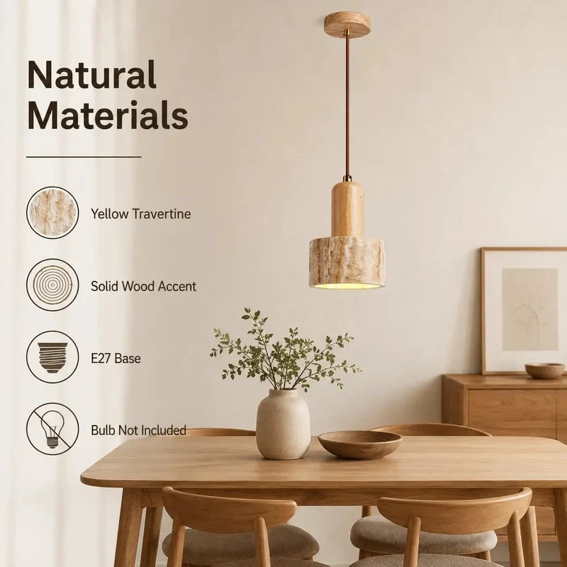 Dope Wabi Sabi Wood Pendant Lamp With Solid Travertine Cone Shade And Hand Twisted Hemp Rope For Super Snug Boho Rustic Hanging Lights That Add Instant Cool Vibes To Any Room