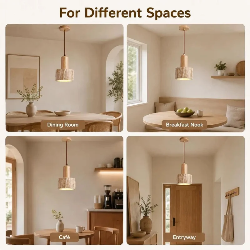 Dope Wabi Sabi Wood Pendant Lamp With Solid Travertine Cone Shade And Hand Twisted Hemp Rope For Super Snug Boho Rustic Hanging Lights That Add Instant Cool Vibes To Any Room