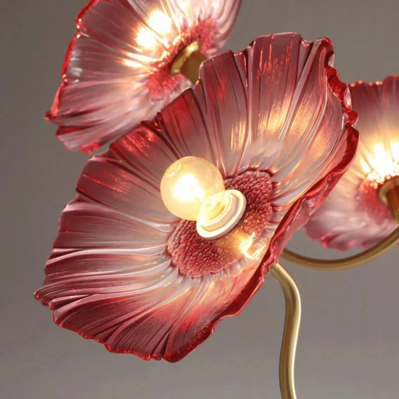 Badass Six Light Indoor Chandelier Featuring Bold Purple Poppy Glass Shades With Adjustable Drop Cable And Soft Warm Glow For Kitchen Or Dining Room Setup