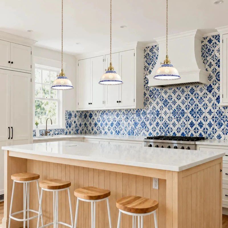 Blue And White Ceramic Pendant Light With Brushed Brass Accents, Chinese Floral Porcelain Hanging Lamp For Kitchen Island, Old School Cool Vibes And Solid Build, Adds A Touch Of Swag To Your Space, High Five To Style