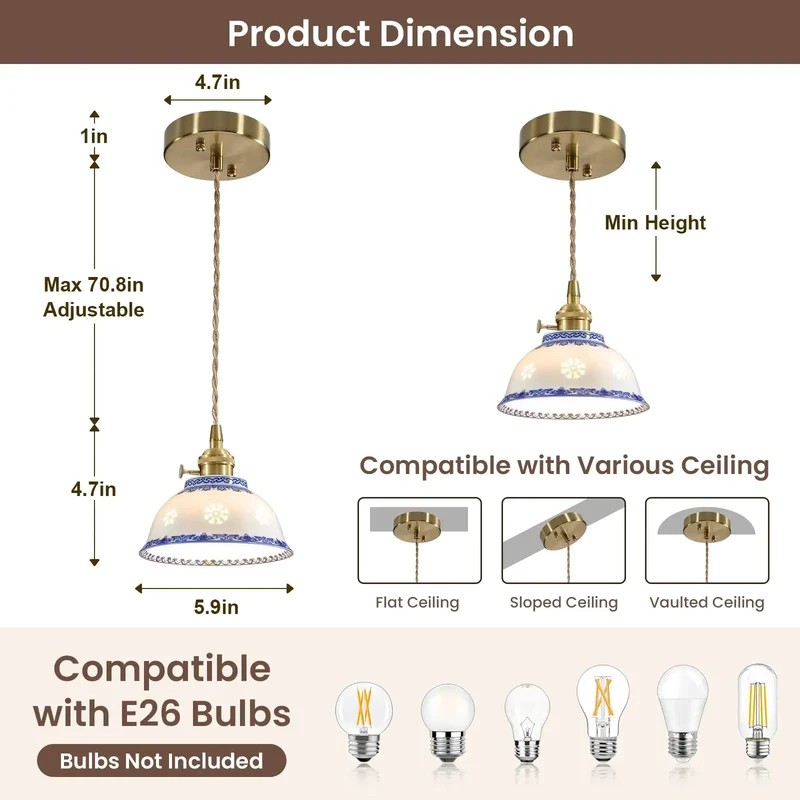 Blue And White Ceramic Pendant Light With Brushed Brass Accents, Chinese Floral Porcelain Hanging Lamp For Kitchen Island, Old School Cool Vibes And Solid Build, Adds A Touch Of Swag To Your Space, High Five To Style