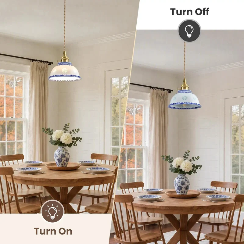Blue And White Ceramic Pendant Light With Brushed Brass Accents, Chinese Floral Porcelain Hanging Lamp For Kitchen Island, Old School Cool Vibes And Solid Build, Adds A Touch Of Swag To Your Space, High Five To Style