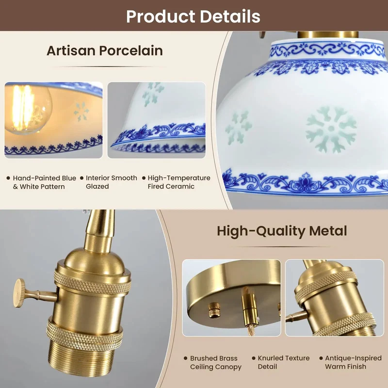 Blue And White Ceramic Pendant Light With Brushed Brass Accents, Chinese Floral Porcelain Hanging Lamp For Kitchen Island, Old School Cool Vibes And Solid Build, Adds A Touch Of Swag To Your Space, High Five To Style