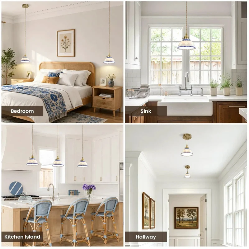 Blue And White Ceramic Pendant Light With Brushed Brass Accents, Chinese Floral Porcelain Hanging Lamp For Kitchen Island, Old School Cool Vibes And Solid Build, Adds A Touch Of Swag To Your Space, High Five To Style