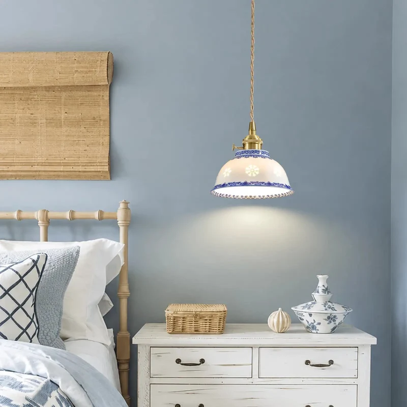 Blue And White Ceramic Pendant Light With Brushed Brass Accents, Chinese Floral Porcelain Hanging Lamp For Kitchen Island, Old School Cool Vibes And Solid Build, Adds A Touch Of Swag To Your Space, High Five To Style