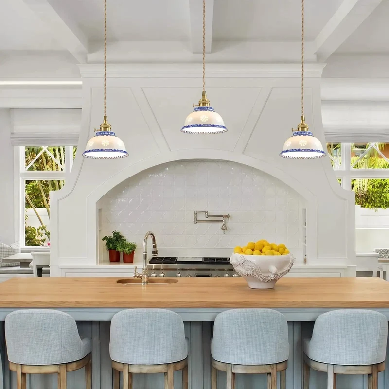 Blue And White Ceramic Pendant Light With Brushed Brass Accents, Chinese Floral Porcelain Hanging Lamp For Kitchen Island, Old School Cool Vibes And Solid Build, Adds A Touch Of Swag To Your Space, High Five To Style