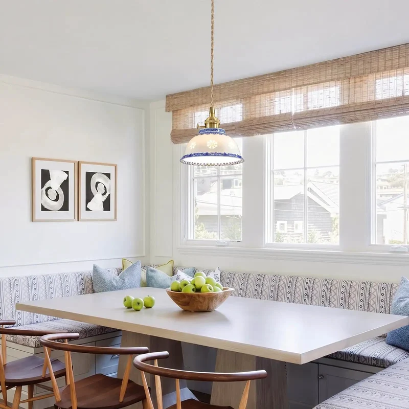 Blue And White Ceramic Pendant Light With Brushed Brass Accents, Chinese Floral Porcelain Hanging Lamp For Kitchen Island, Old School Cool Vibes And Solid Build, Adds A Touch Of Swag To Your Space, High Five To Style