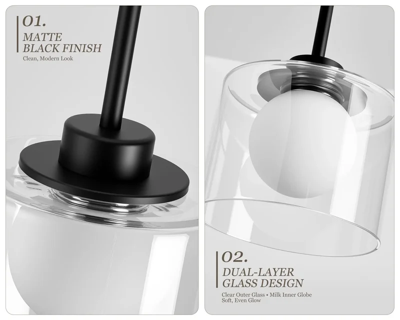 Sleek Matte Black Glass Pendant Lights 2 Pack For Kitchen Island, Layered Clear And Frosted Shades Throw A Wicked Warm Glow While Hiding The Bulb, Badass Modern Vibes For Dining Rooms