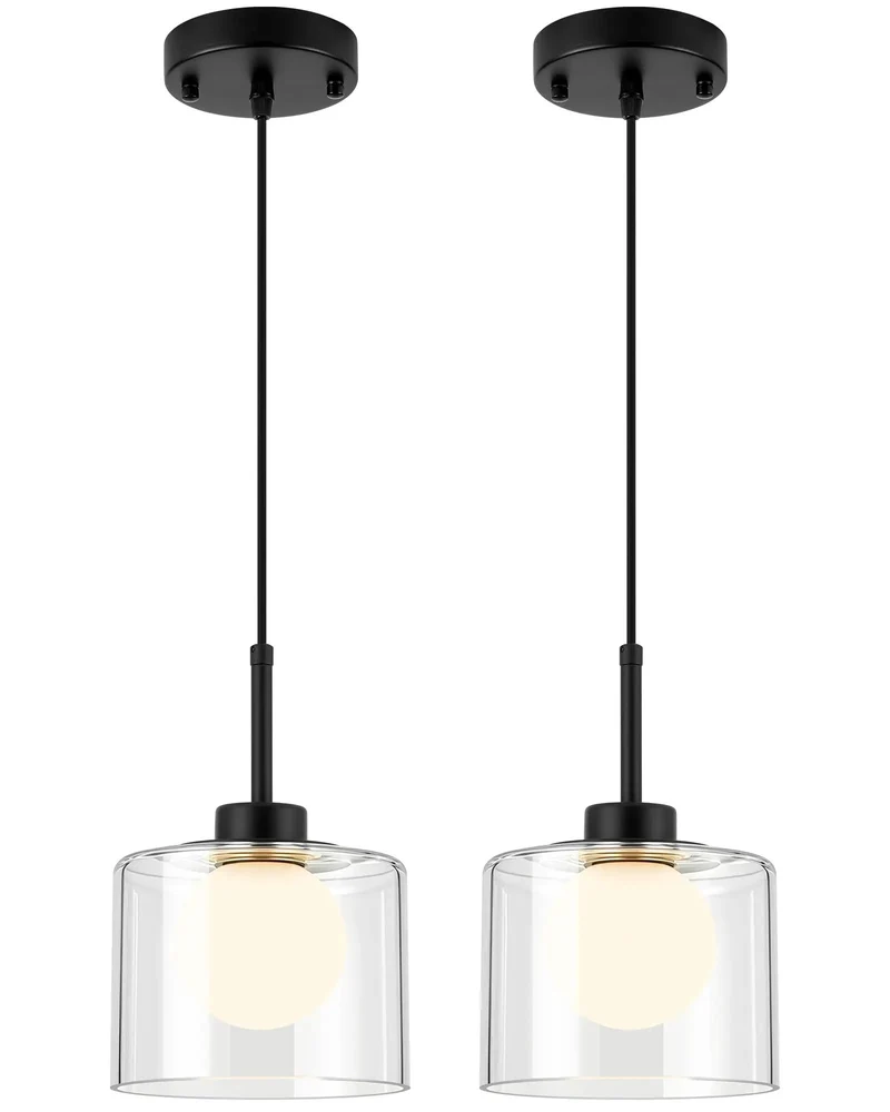 Sleek Matte Black Glass Pendant Lights 2 Pack For Kitchen Island, Layered Clear And Frosted Shades Throw A Wicked Warm Glow While Hiding The Bulb, Badass Modern Vibes For Dining Rooms
