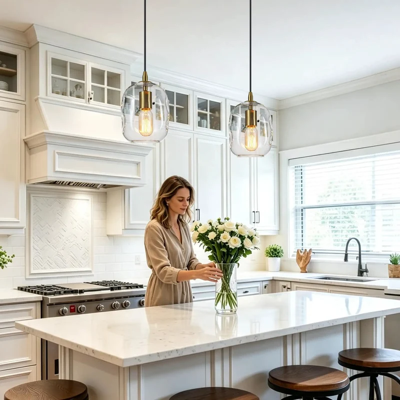 Hand Blown Clear Glass Pendant Light With Brushed Brass Finish For Kitchen Island Sleek Nine Inch Ceiling Fixture A Pretty Dang Hecka Beauty For Modern Farmhouse Decor