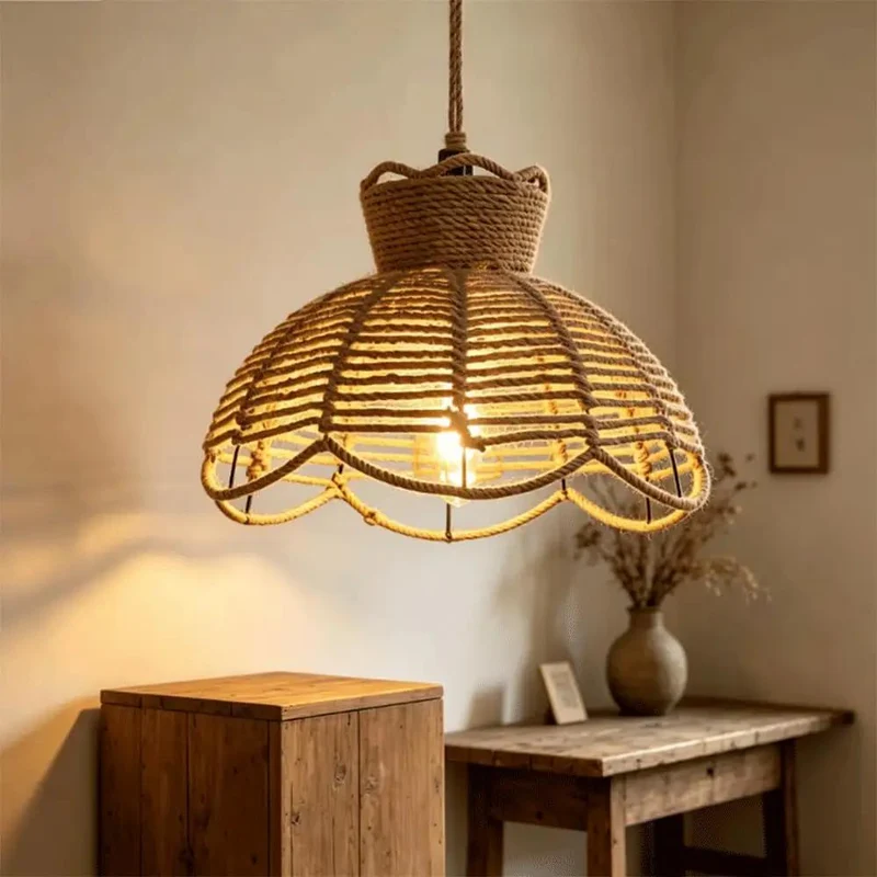 Handwoven Jute Rope Pendant Light With Iron Frame And Natural Hemp Cord Setting Off Chill Cozy Vibes For Your Space Rustic Farmhouse Ceiling Hanging Lamp With Adjustable Height For Kitchen Island Dining Room