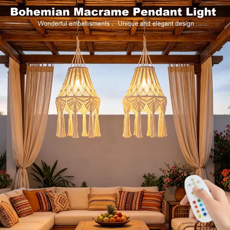Boho Macrame Pendant Lights with Tassels Remote Control Dimmable Timer Cordless Battery Operated Hanging Lamps for Bedroom Living Room Decor 2 Pack Effortless Glow Up Guarantee