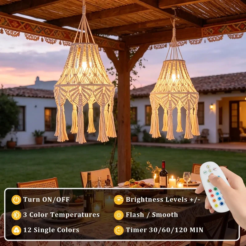 Boho Macrame Pendant Lights with Tassels Remote Control Dimmable Timer Cordless Battery Operated Hanging Lamps for Bedroom Living Room Decor 2 Pack Effortless Glow Up Guarantee