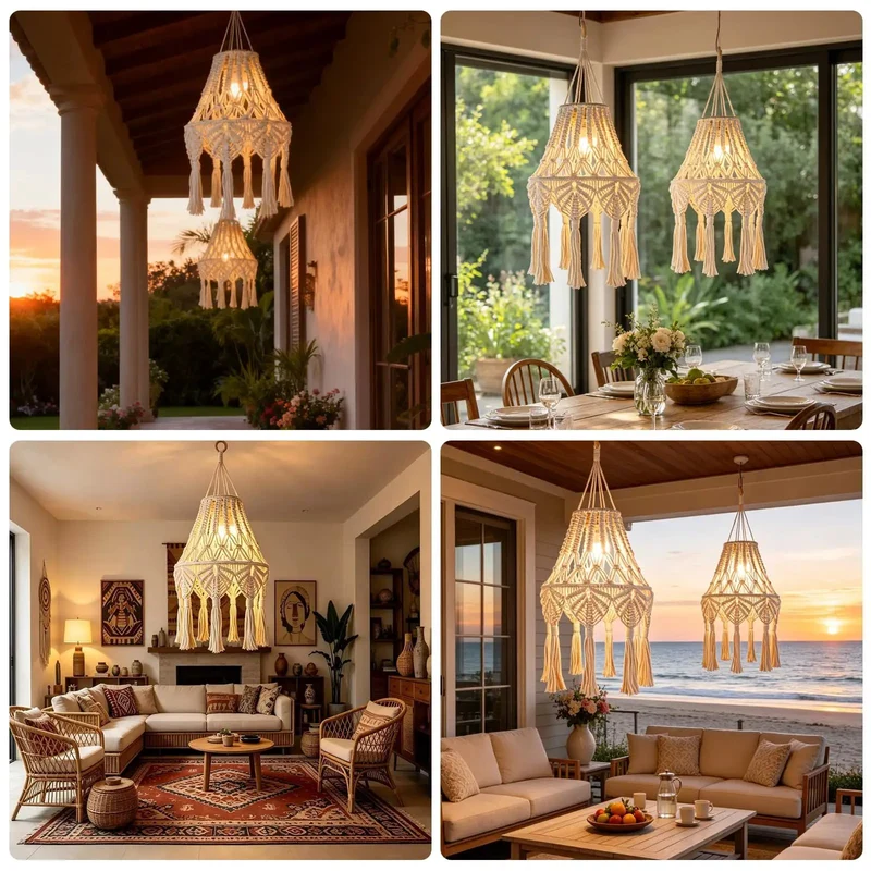 Boho Macrame Pendant Lights with Tassels Remote Control Dimmable Timer Cordless Battery Operated Hanging Lamps for Bedroom Living Room Decor 2 Pack Effortless Glow Up Guarantee