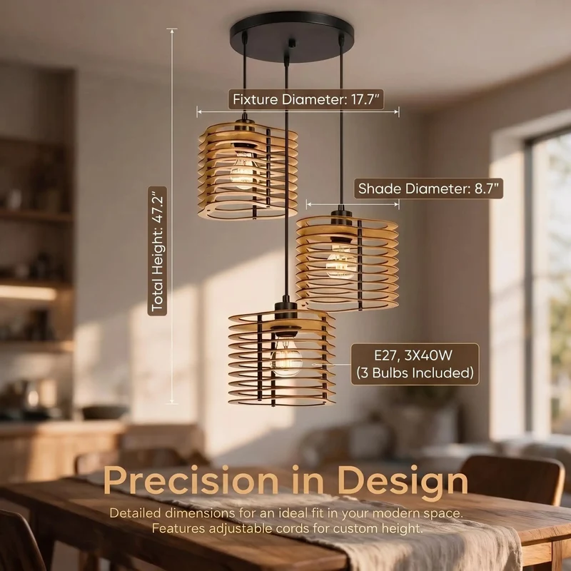Straight Up Farmhouse Chic 3 Light Pendant Light Fixture Featuring Matte Black Steel Frame And Natural Plywood Lantern The Real Deal Ceiling Lamp For Kitchen Island Dining Room Or Bar Decor