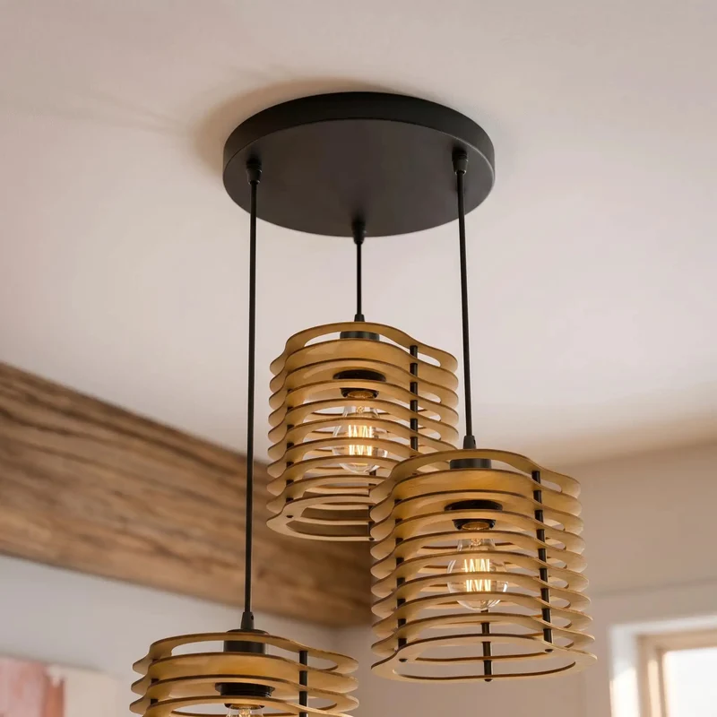 Straight Up Farmhouse Chic 3 Light Pendant Light Fixture Featuring Matte Black Steel Frame And Natural Plywood Lantern The Real Deal Ceiling Lamp For Kitchen Island Dining Room Or Bar Decor