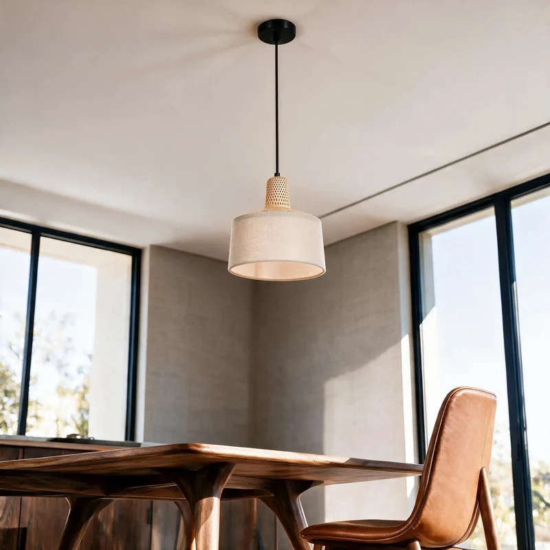Slick Matte Black Hanging Pendant With Raw Bamboo And Linen Fabric Shade For Your Kitchen Island Or Casual Dining Area Totally Slick Modern Farmhouse Vibe For Any Room You Pick