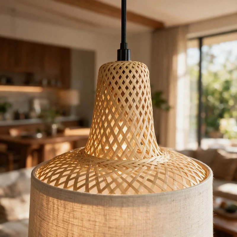Slick Matte Black Hanging Pendant With Raw Bamboo And Linen Fabric Shade For Your Kitchen Island Or Casual Dining Area Totally Slick Modern Farmhouse Vibe For Any Room You Pick