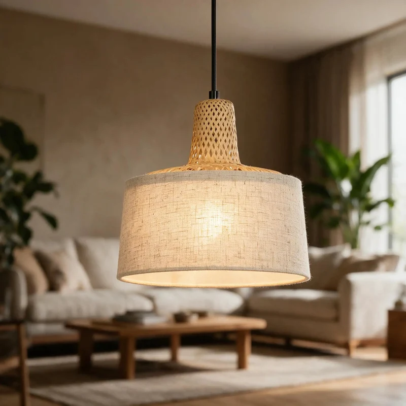 Slick Matte Black Hanging Pendant With Raw Bamboo And Linen Fabric Shade For Your Kitchen Island Or Casual Dining Area Totally Slick Modern Farmhouse Vibe For Any Room You Pick
