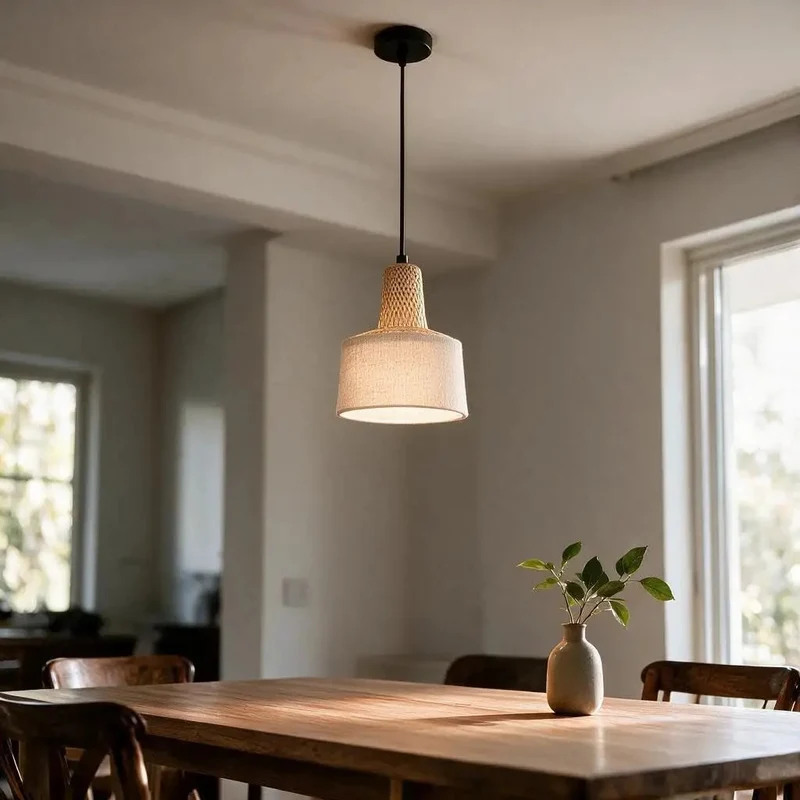 Slick Matte Black Hanging Pendant With Raw Bamboo And Linen Fabric Shade For Your Kitchen Island Or Casual Dining Area Totally Slick Modern Farmhouse Vibe For Any Room You Pick