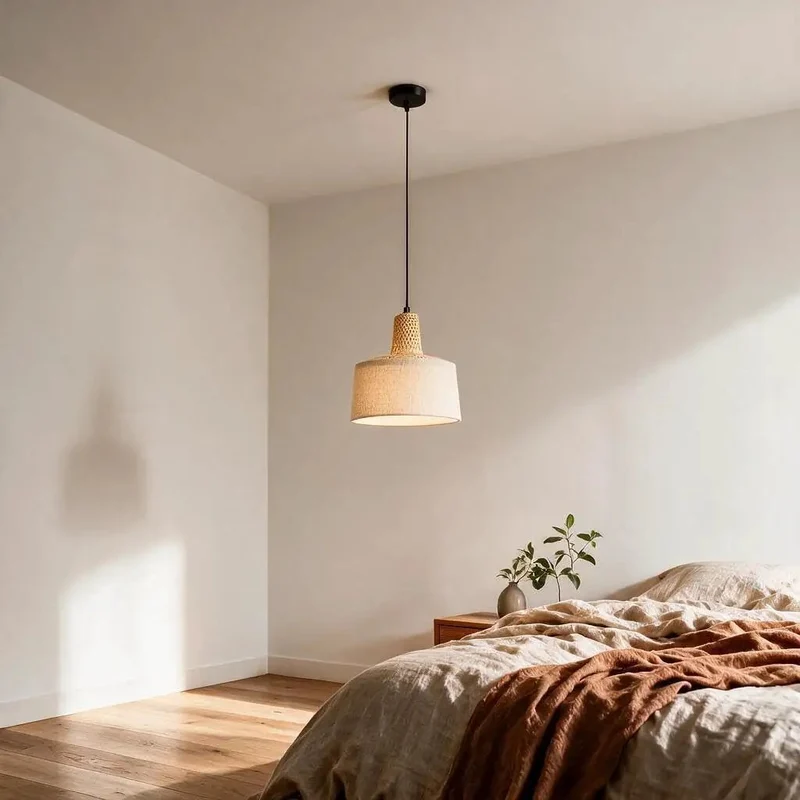 Slick Matte Black Hanging Pendant With Raw Bamboo And Linen Fabric Shade For Your Kitchen Island Or Casual Dining Area Totally Slick Modern Farmhouse Vibe For Any Room You Pick