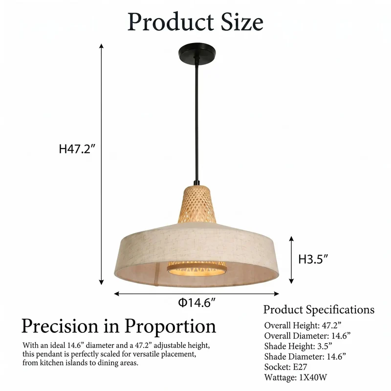Drop Dead Cozy Matte Black Pendant Light With Handcrafted Bamboo And Linen Shade, Slick Hanging Lamp For Kitchen Island, Modern Farmhouse Decor That Delivers A Home Run Vibe To Any Living Space