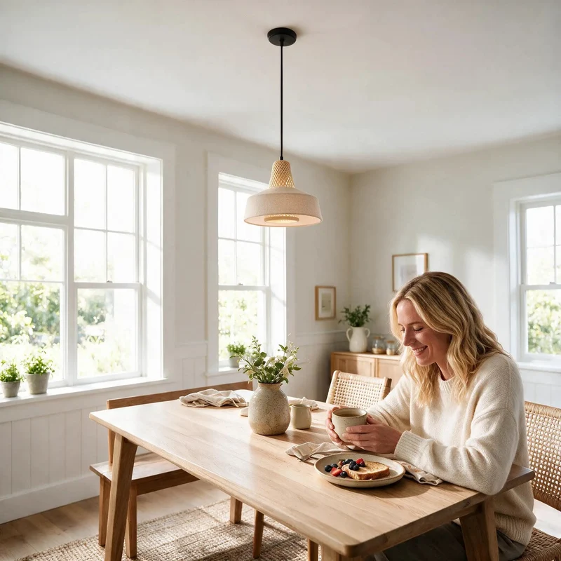 Drop Dead Cozy Matte Black Pendant Light With Handcrafted Bamboo And Linen Shade, Slick Hanging Lamp For Kitchen Island, Modern Farmhouse Decor That Delivers A Home Run Vibe To Any Living Space