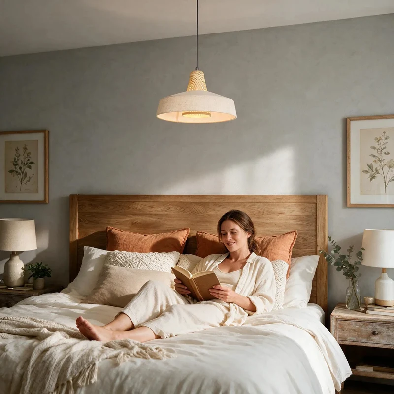 Drop Dead Cozy Matte Black Pendant Light With Handcrafted Bamboo And Linen Shade, Slick Hanging Lamp For Kitchen Island, Modern Farmhouse Decor That Delivers A Home Run Vibe To Any Living Space