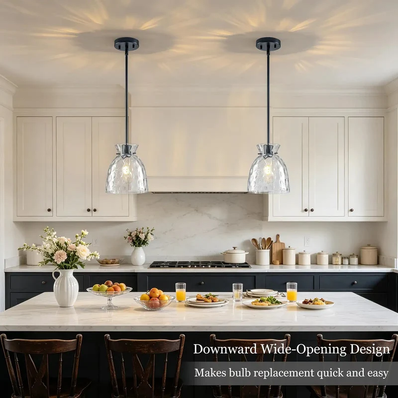 Top Tier Slick One Pack 7.5 Inch Hammered Glass Pendant Light Kitchen Island Fixture Matte Black E26 Socket Rock Solid Frame Design Hella Warm Ambiance Vibe