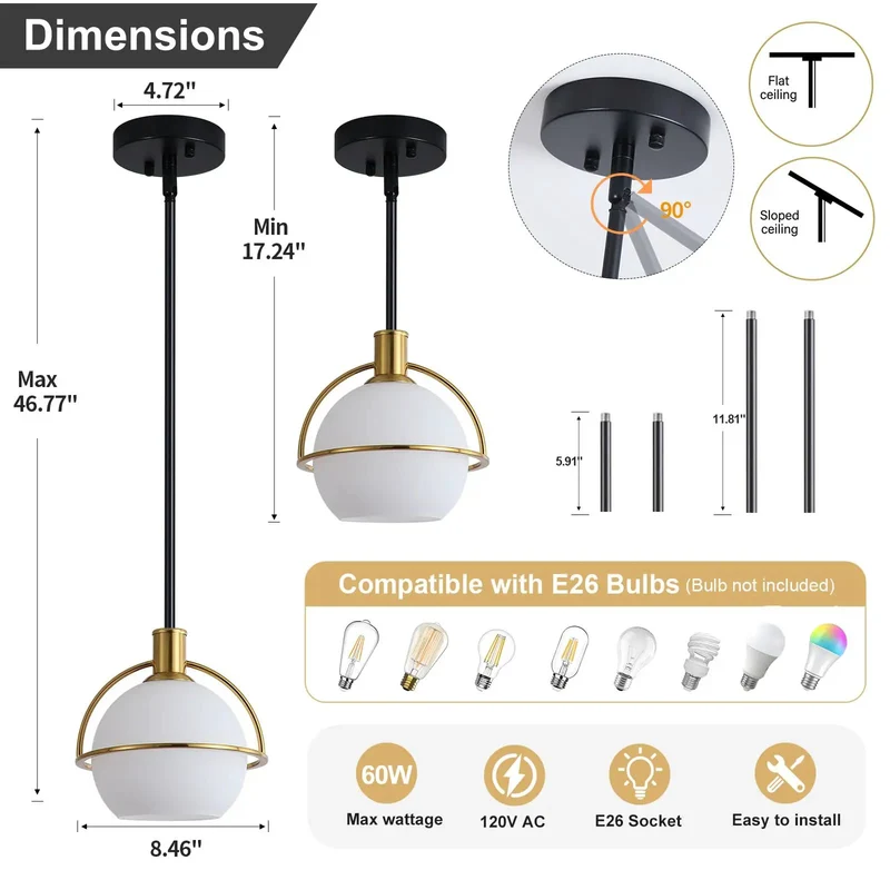 2 Pack Mid Century Globe Pendant Lights With Sleek Brass Gold And Matte Black Accents Hand Blown Milk White Glass Shades Top Tier Kitchen Island Hanging Fixtures Low Key Total Game Changer For Home Vibes