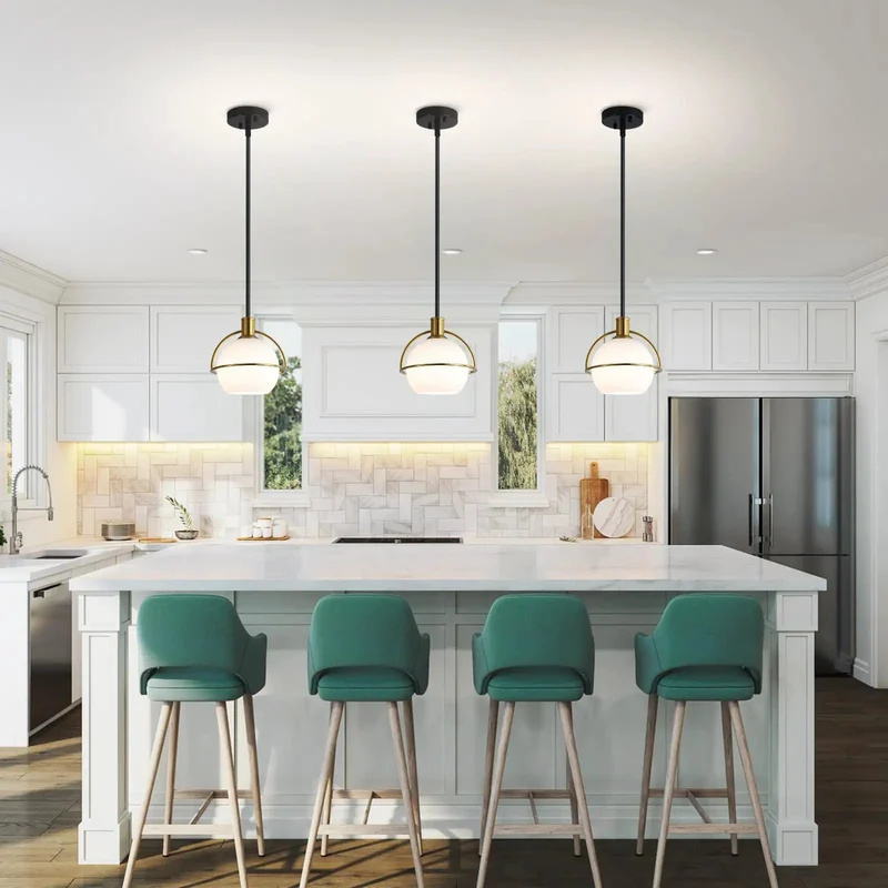 2 Pack Mid Century Globe Pendant Lights With Sleek Brass Gold And Matte Black Accents Hand Blown Milk White Glass Shades Top Tier Kitchen Island Hanging Fixtures Low Key Total Game Changer For Home Vibes