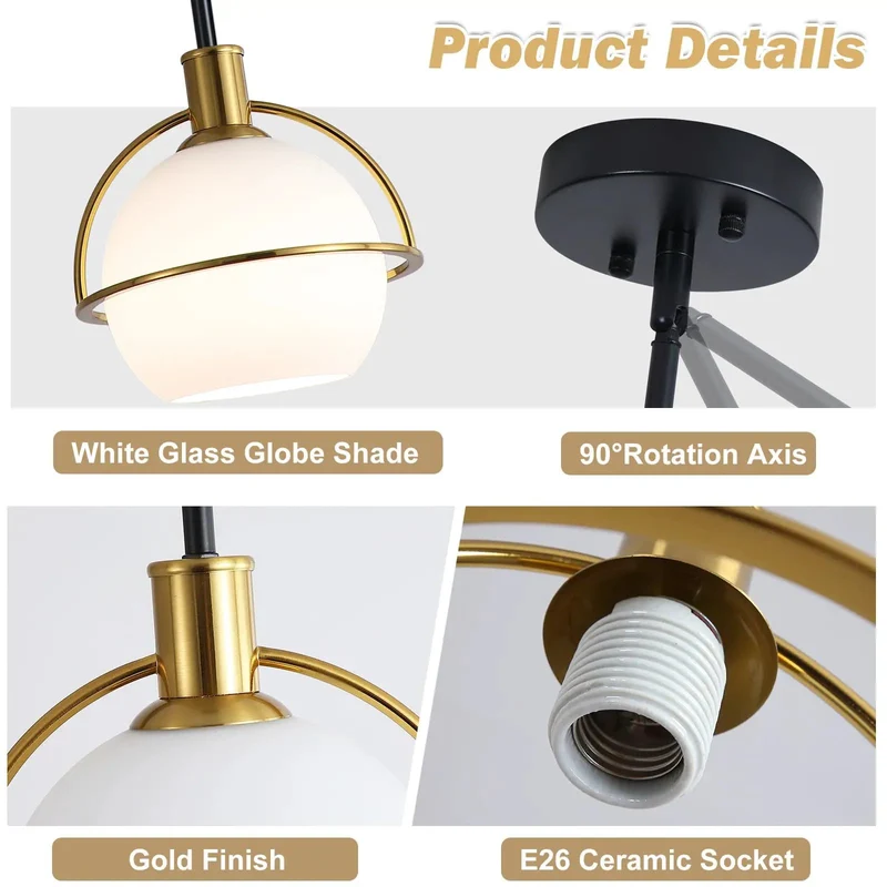 2 Pack Mid Century Globe Pendant Lights With Sleek Brass Gold And Matte Black Accents Hand Blown Milk White Glass Shades Top Tier Kitchen Island Hanging Fixtures Low Key Total Game Changer For Home Vibes