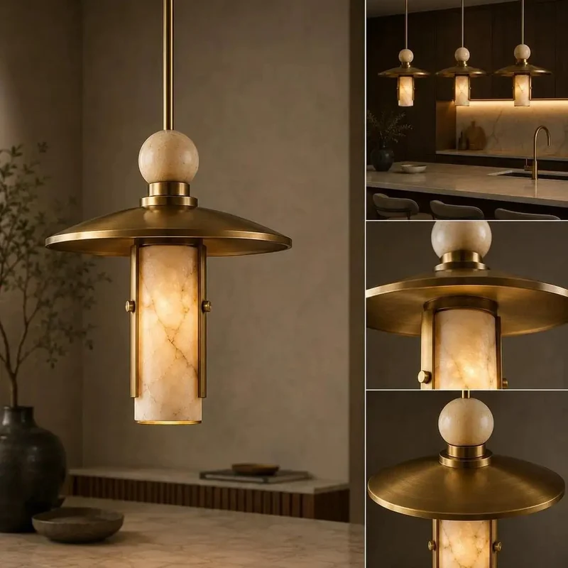 Top Shelf Modern Brass Pendant Lights Give Your Space a Serious Glow Up Featuring Alabaster Cylinder Shades and Marble Accents for Kitchen Dining Room Bar Natural Stone Ceiling Fixtures Set of 3