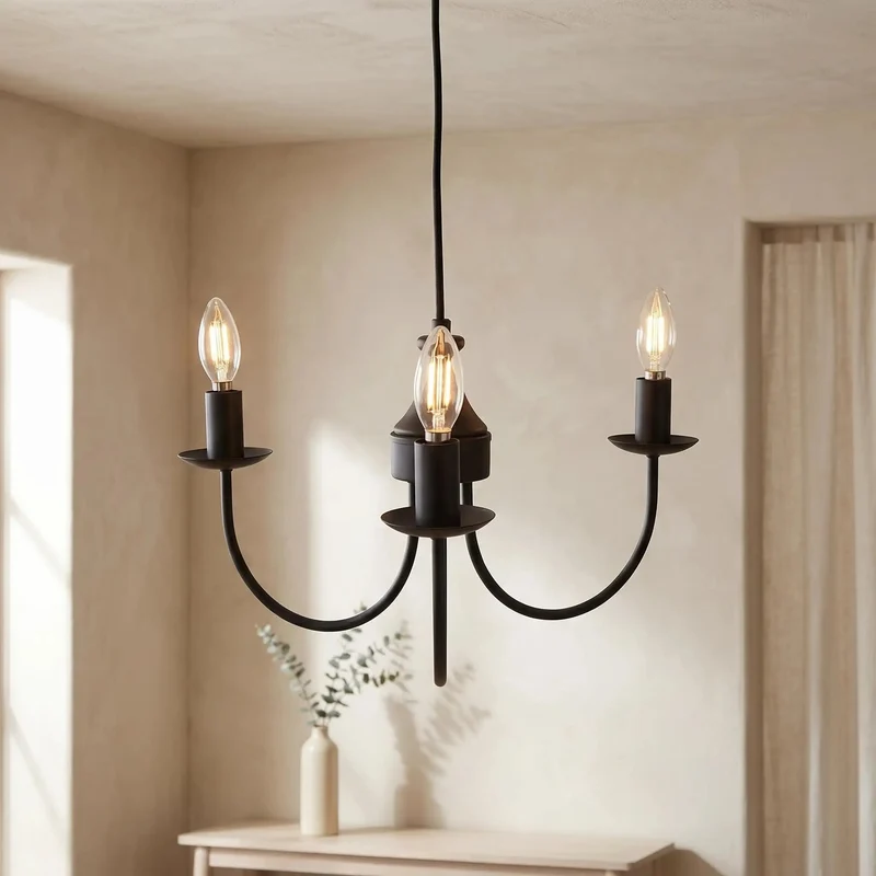 Premium Iron And Rubber Wood Chandelier With Matte Black Finish And Elegant Curved Arms Emitting A Soft Golden Glow That Definitely Hits Different In Stylish Modern Farmhouse Rooms