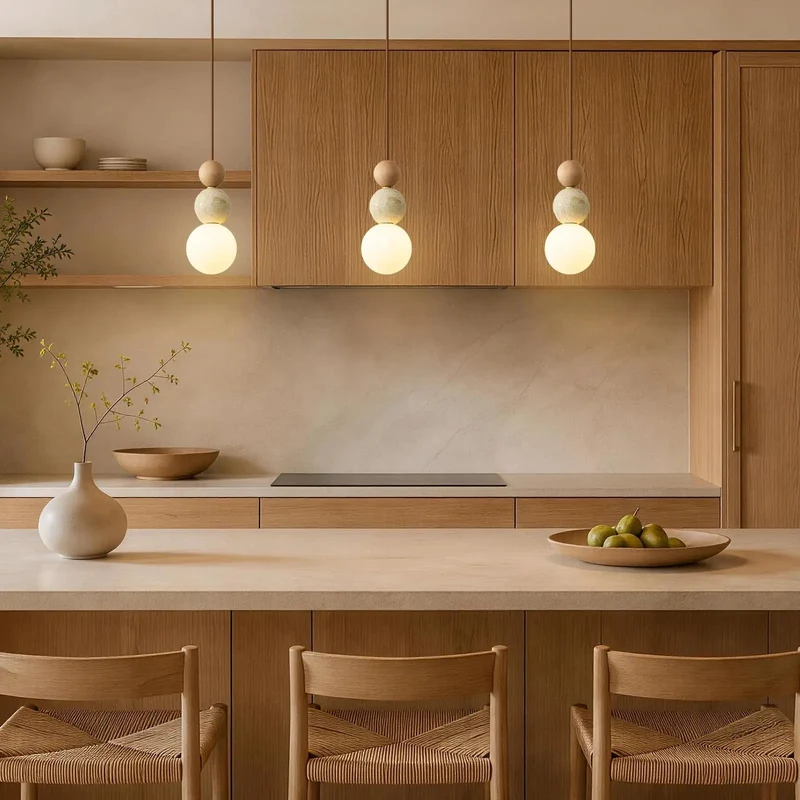 Totally Unique Dang Beautiful Handpolished Travertine Pendant Light With Solid Wood Bead And Soft Milk Glass Shade Artisan Japandi Hanging Fixture For Modern Spaces
