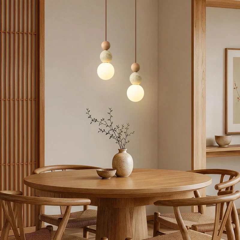 Totally Unique Dang Beautiful Handpolished Travertine Pendant Light With Solid Wood Bead And Soft Milk Glass Shade Artisan Japandi Hanging Fixture For Modern Spaces