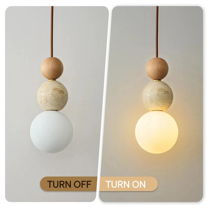 Totally Unique Dang Beautiful Handpolished Travertine Pendant Light With Solid Wood Bead And Soft Milk Glass Shade Artisan Japandi Hanging Fixture For Modern Spaces